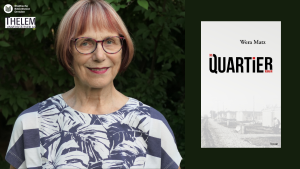 Porträt der Dresdner Autorin Wera Matz mit dem Cover ihres Buches "Das Quartier"